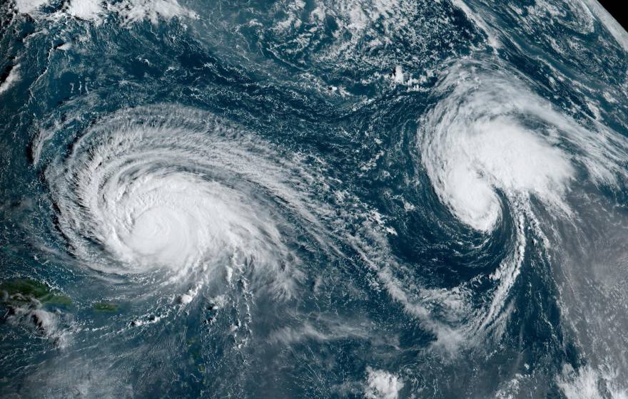 Freak weather events An aerial / topographical view of a hurricane with two eyes