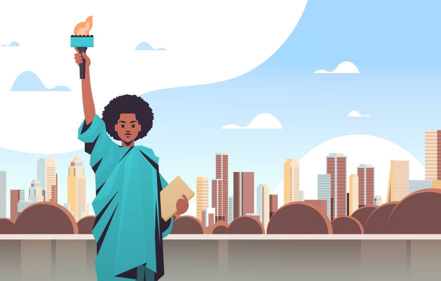 A warm illustration of the New York City skyline with the Statue of Liberty with the head and arms of a Black woman
