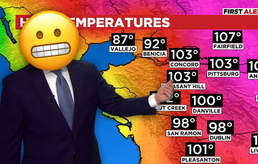 A weatherman in front of a heat wave map with an emoji of a grimace for a face