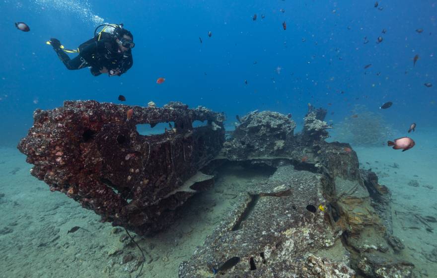 Justin Dunnavant diving underwater looking at a wreck