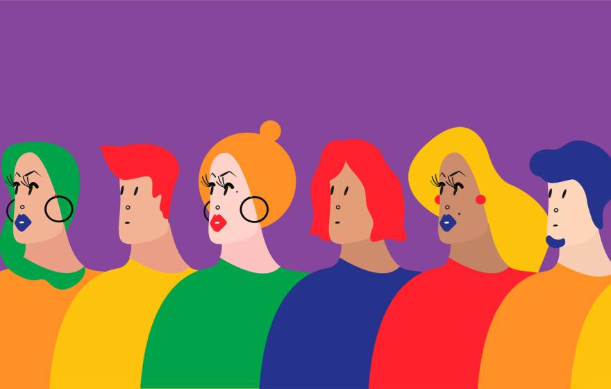 An illustration of eight people with different hair colors and identities