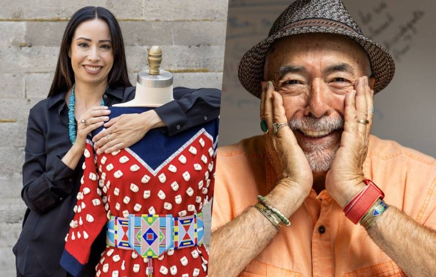 On the left, Wendy Red Star, Native American woman with long dark hair smiles with arms around a headless mannequin wearing a bright red traditional dress with white spot-like pattern and a colorful wide belt; on the right, Juan Felipe Herrera, older Latino man with goatee and hat, hands on his cheeks, smiling wide