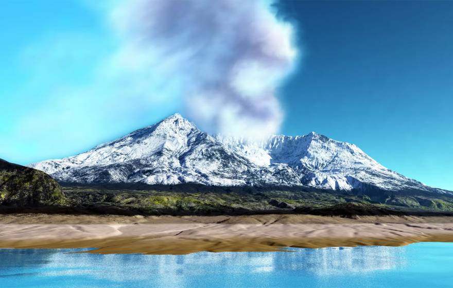 Volcanic smoke spills from the summit of a snow-covered Mt. St. Helens, seen from the far short of a lake on which the mountain is reflected