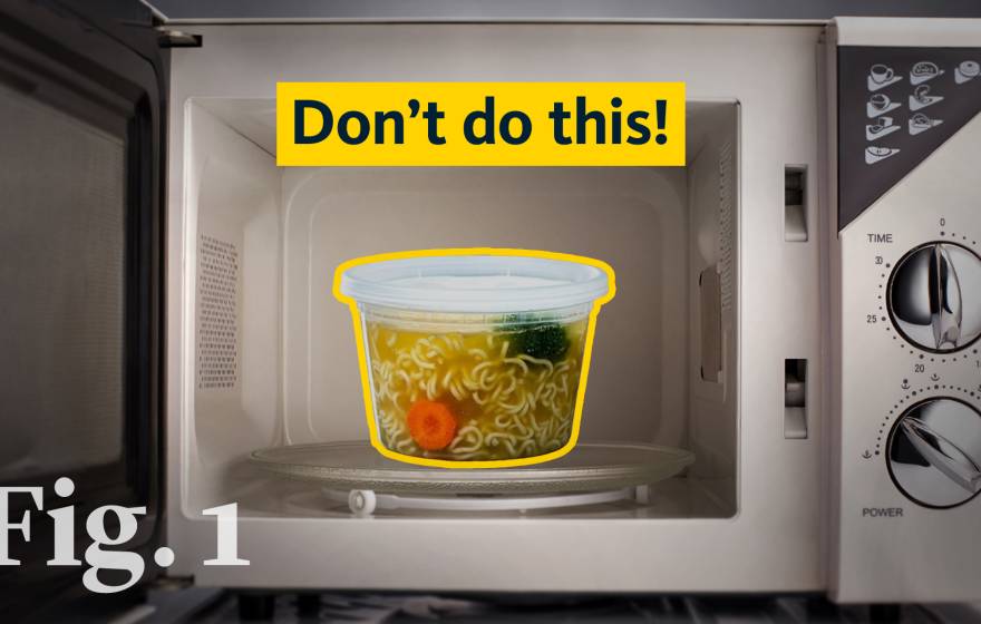A photo collage showing the inside of a microwave with a plastic takeout container outlined in yellow with label reading "Don't do this!"