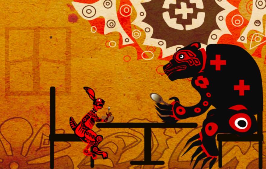 Making the Cherokee language digitally accessible A digital illustration of a rabbit and a bear sitting at a table with Indigenous visual art patterns on their bodies