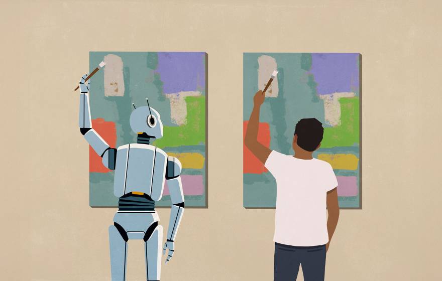 An illustration of a humanoid robot and a person, each painting an identical canvas on a wall. The robot is looking over at the human's work, seeming to copy it.