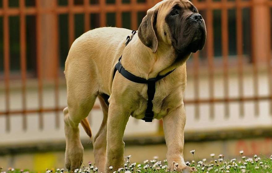 A mastiff-type puppy in a harness looks up
