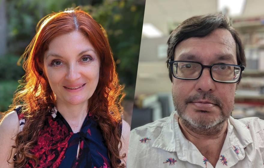 A pale woman with red hair, Smadar Naoz, and a white man with glasses and a goatee, Doug Johnson