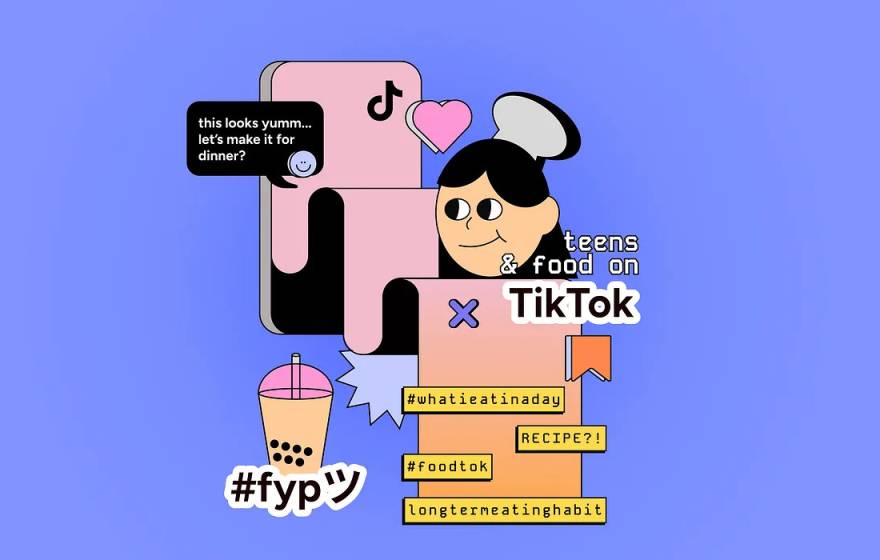 FoodTok An abstract cartoon of a young woman interacting with her phone and Foodtok with hashtags and boba tea around her