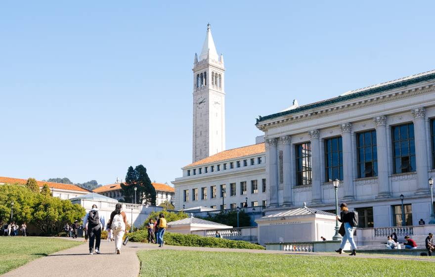 UC Berkeley A view of the UC Berkeley campus, including Sather Tower and the library, on a day with a blue sky