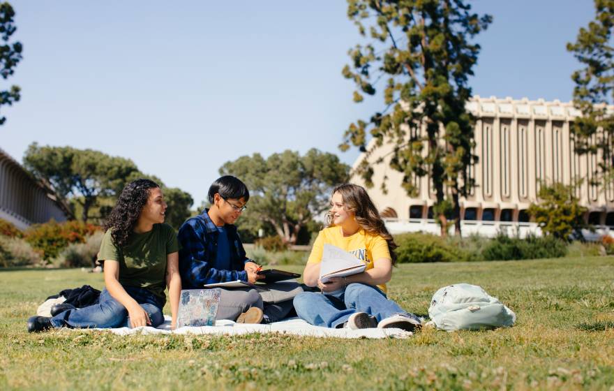 Three students study together on a blanket on the lawn of the UC Irvine campus, tall trees and buildings visible in the background