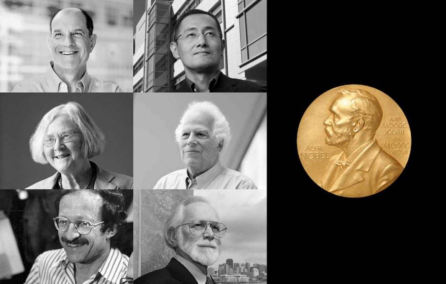 UCSF Nobelists A 2x3 collage of portraits of 6 Nobelists from UCSF next to an image of a Nobel Prize