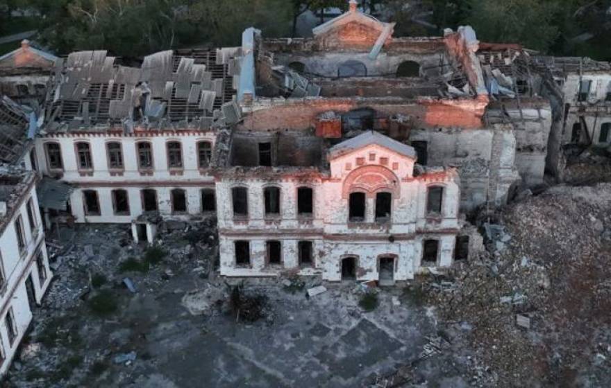 Bombed old building in Ukraine from above