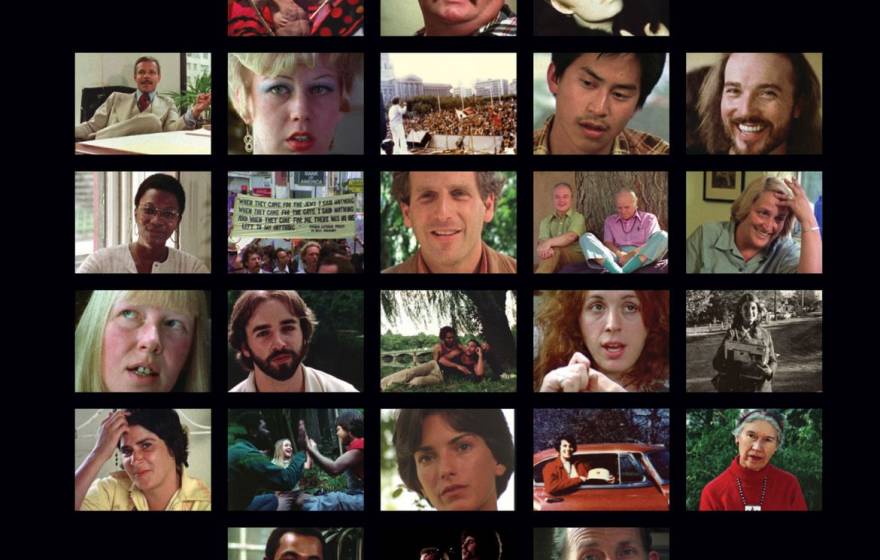 Mosaic of shots from the movie “Word is Out: Stories of Some of Our Lives,” which features interviews with 26 queer men and women about their experiences as queer individuals in America