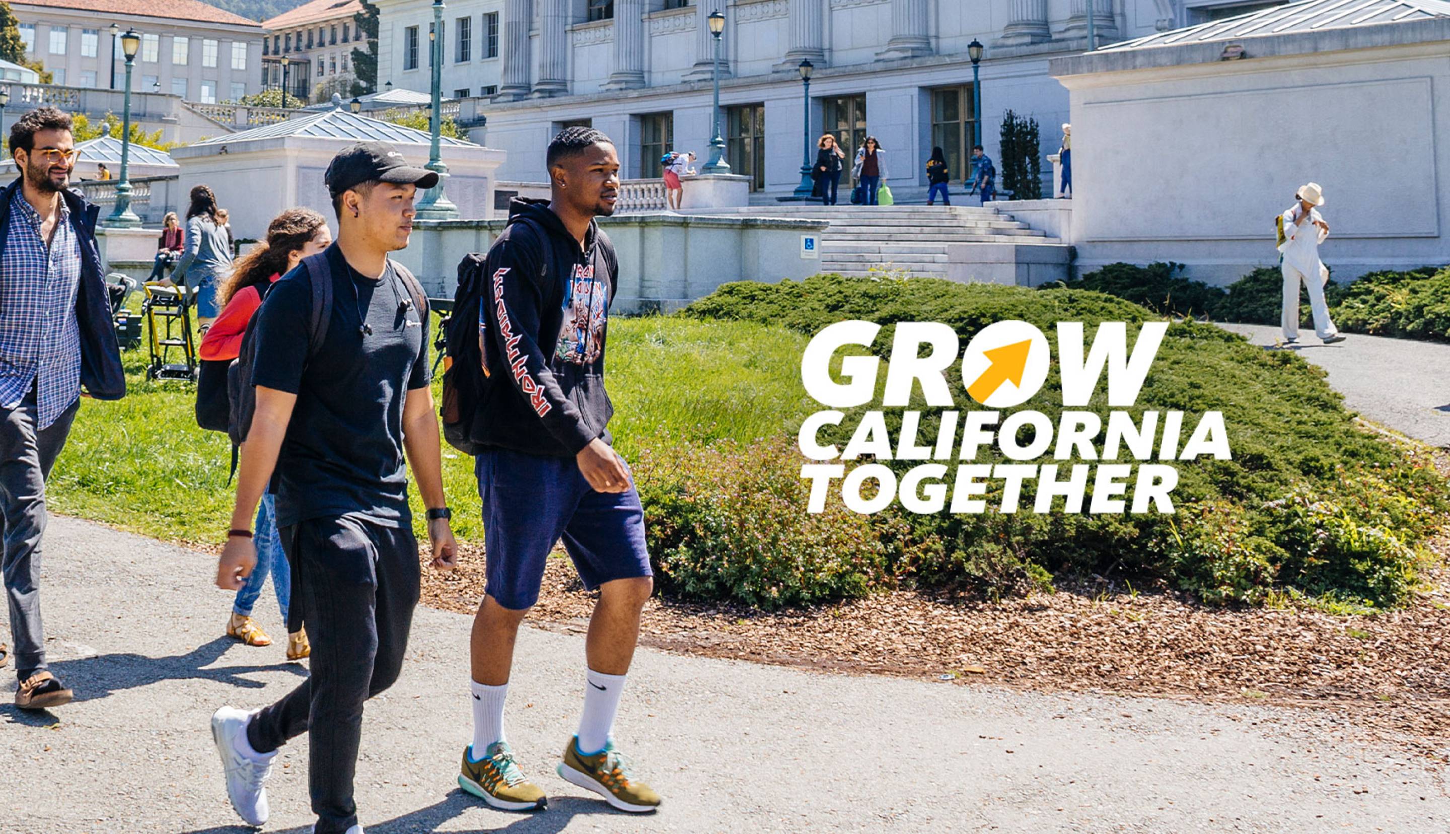 Students on campus with the words "Grow California Together"