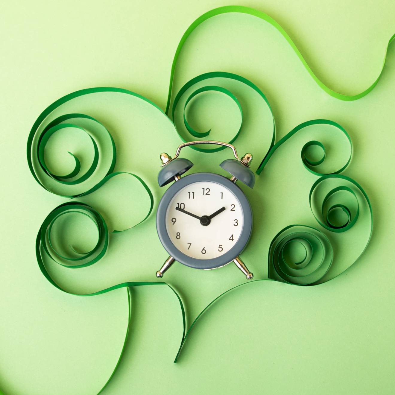 An old-fashioned alarm clock on a green background surrounded by green paper curlicues resembling a plant