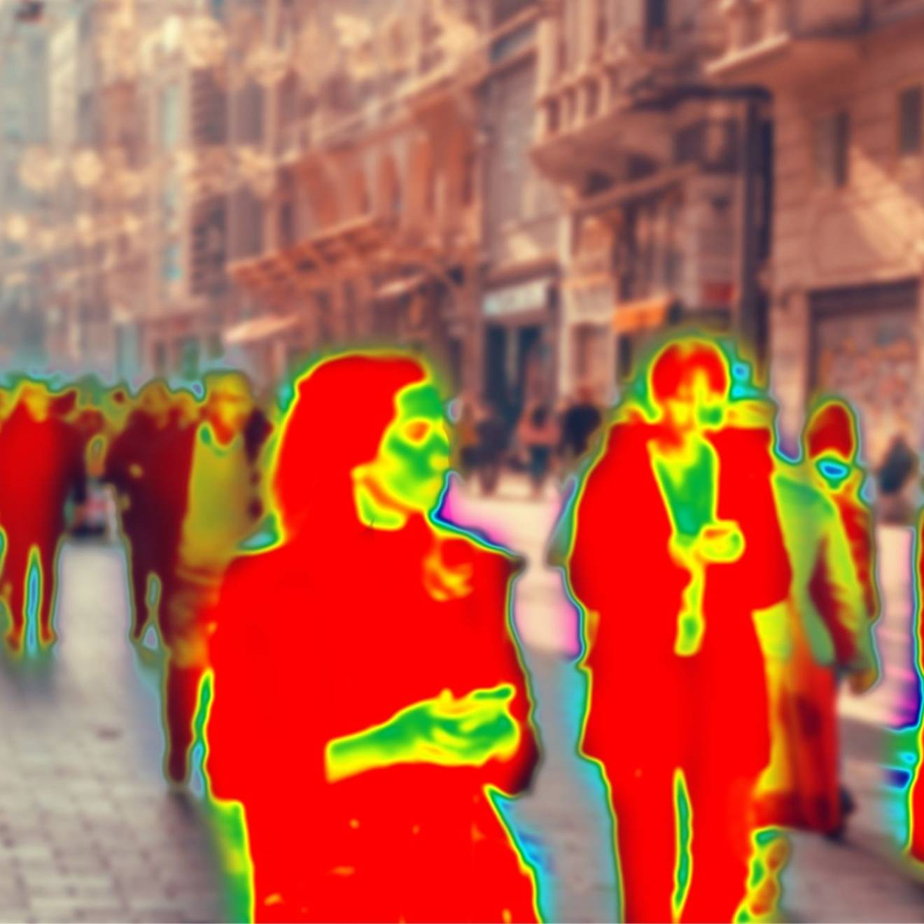 Pedestrians walking down a street, where the human figures are abstracted into red, yellow and green colors like a heat map