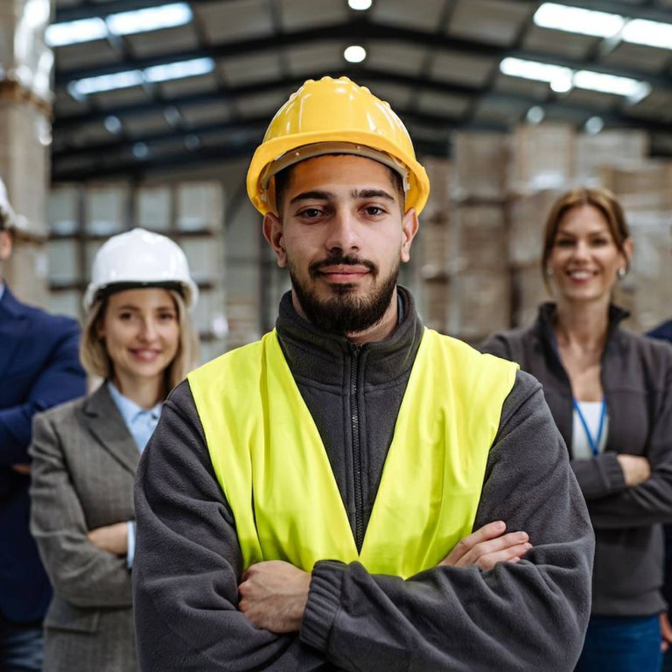 A young man with a goatee and a hard hat and yellow vest looks confidently at the camera in front of a few other people, some in suits, some in work clothes, some in hard hats