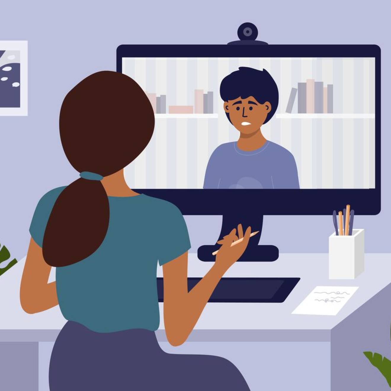 Illustration of a therapist talking with a patient via computer video conferencing.