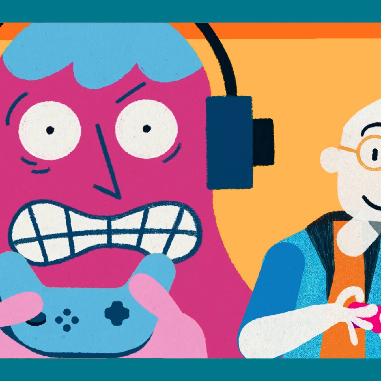 Illustration of two people playing video games. One is stressed out, the other looks relaxed.