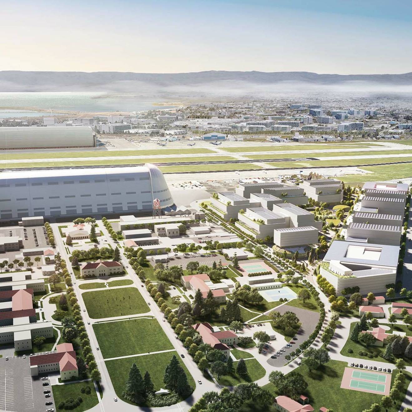 Artist rendering of an office campus with the bay in the background