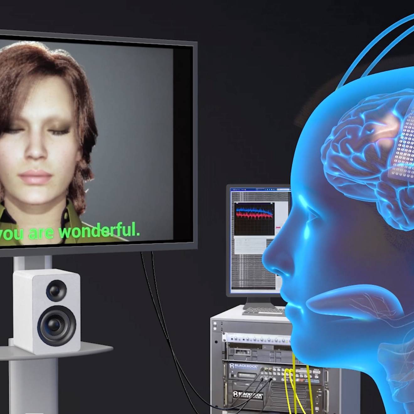 A screen with a digitized woman with a bob that says I think you are wonderful, and a blue illustration of a head with a visible brain lit up speaking to her 