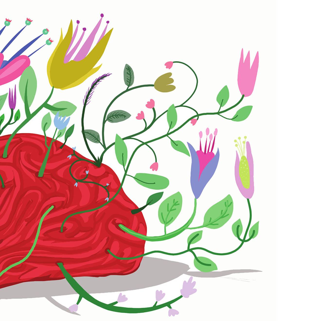 A playful illustration of a red brain with flowers and leaves growing out of it