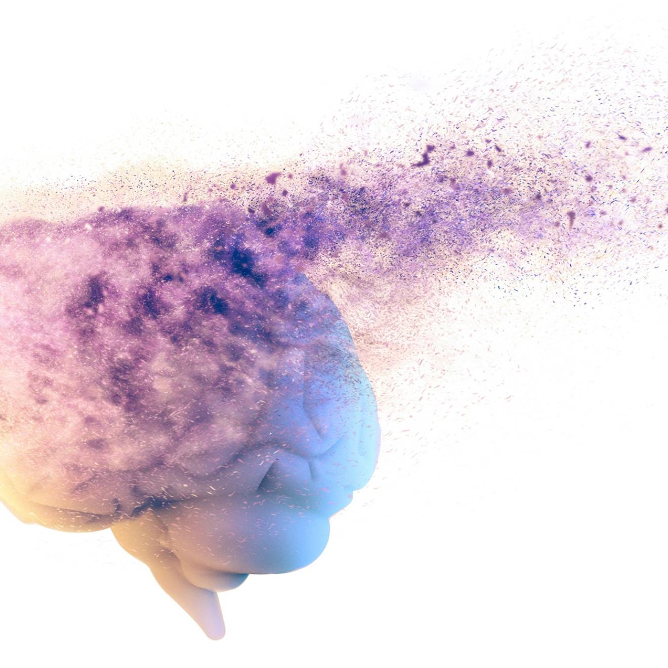 An image of a purple brain disintegrating