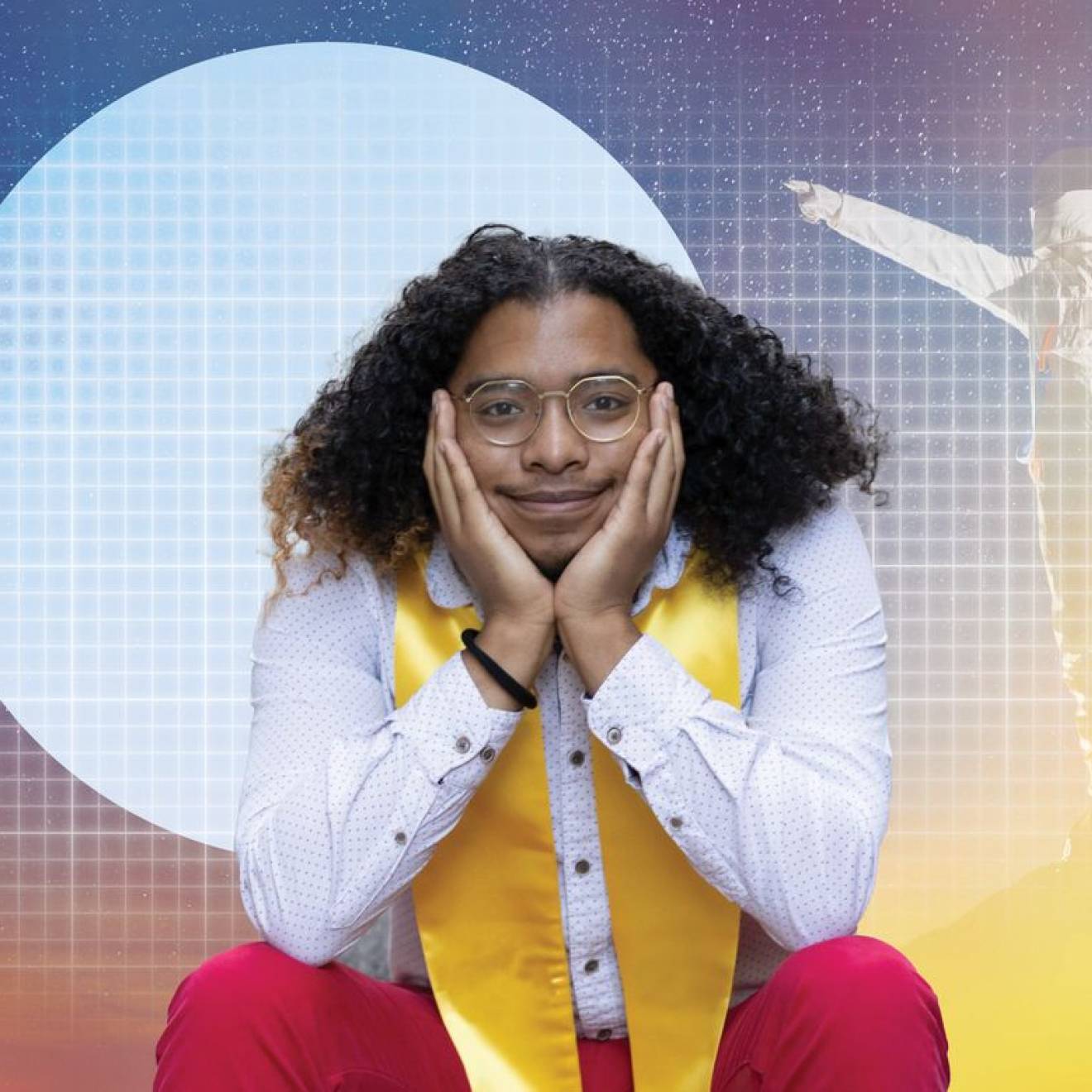 Brandon Lazard A young man with shoulder-length hair on his shoulders, wearing a stole, smiles at the camera propping up his chin, with the background bearing a gradient illustration of an astronaut pointing at the moon