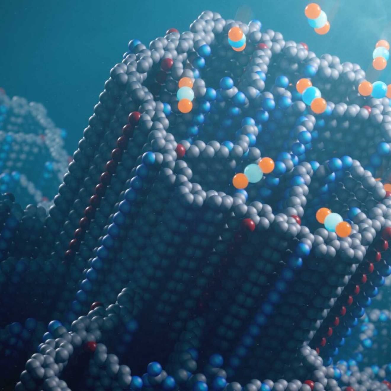 Artist rendering of a microscopic view of molecules aligned into a hexagonal prism shape