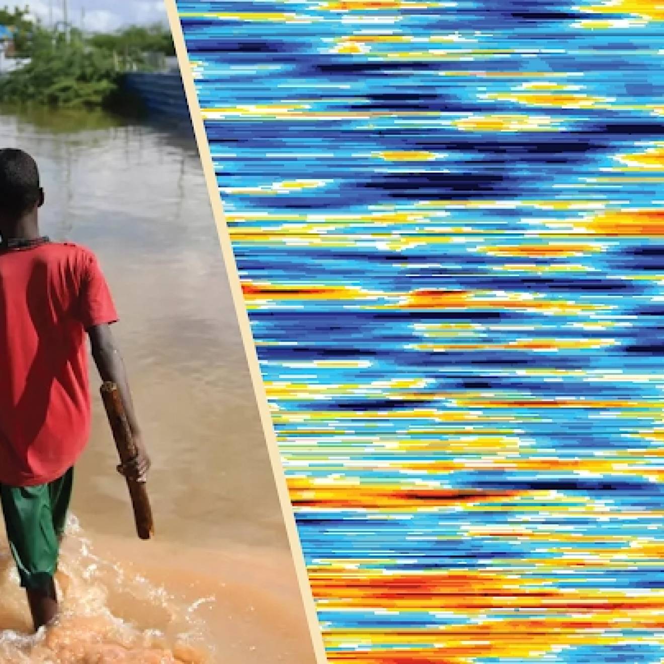 Two East African youths walk through a flooded street, with a weather heatmap juxtaposed on the right side of the image