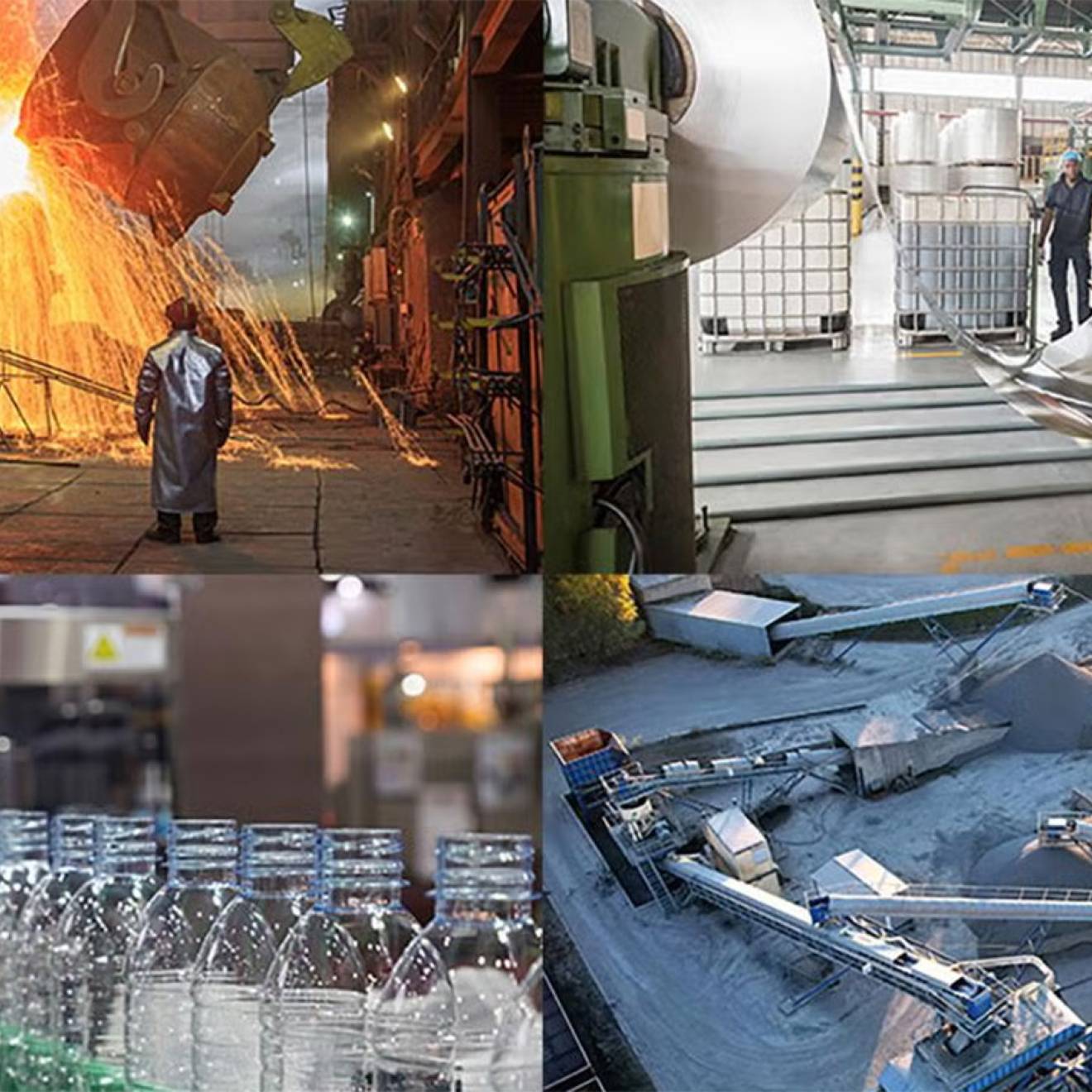 A grid of four photos showing scenes from different manufacturing processes