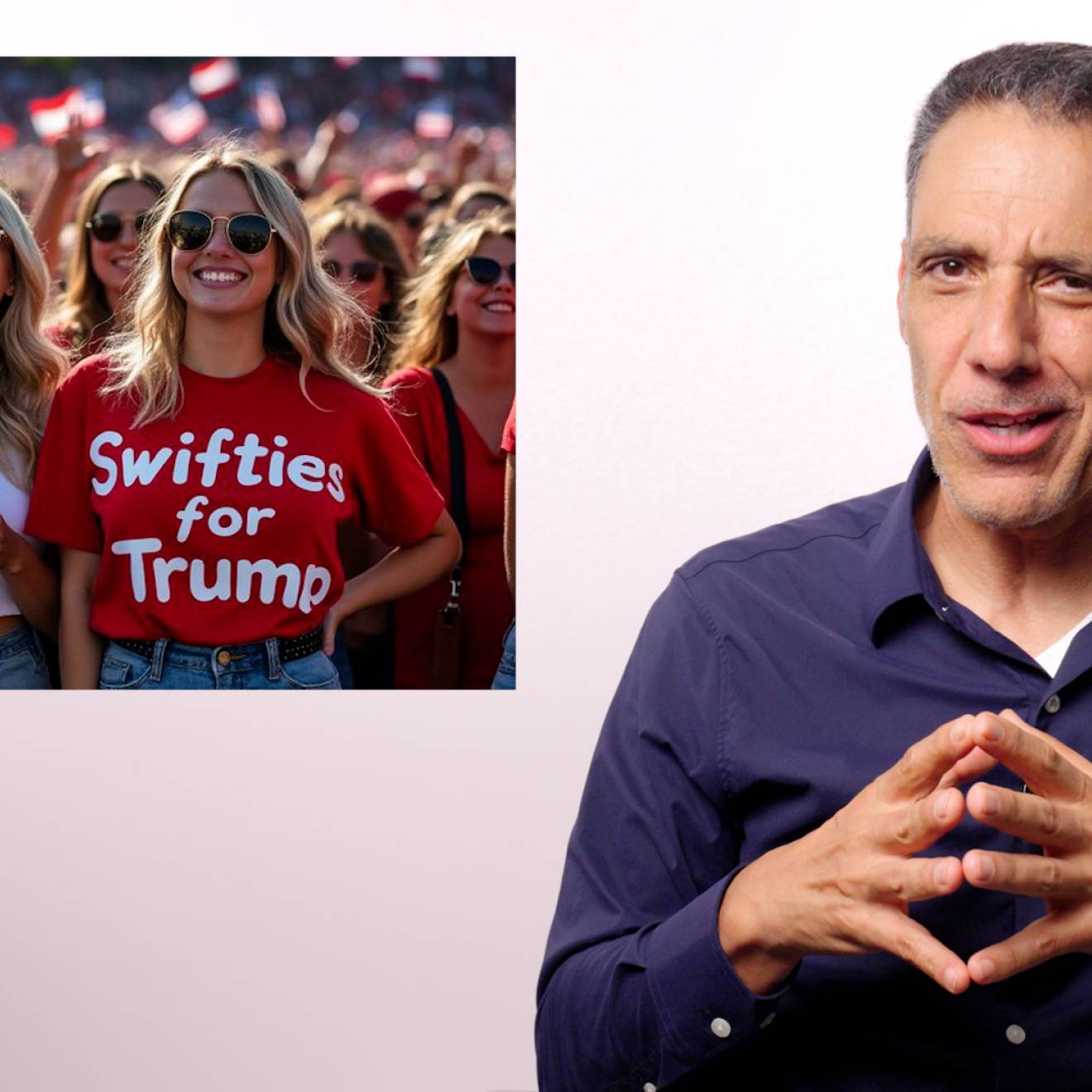 On the right, a man with short gray hair holds his hands together with a wry look as he explains something; on the left, inset, is a smaller image of young women one of whom is wearing a 'Swifties for Trump' red T-shirt