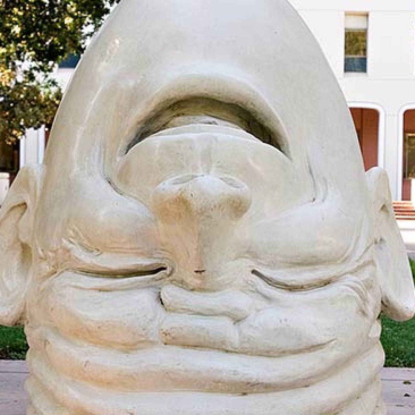 A UC Davis Egghead sculpture - an upside down head sculpture, laughing