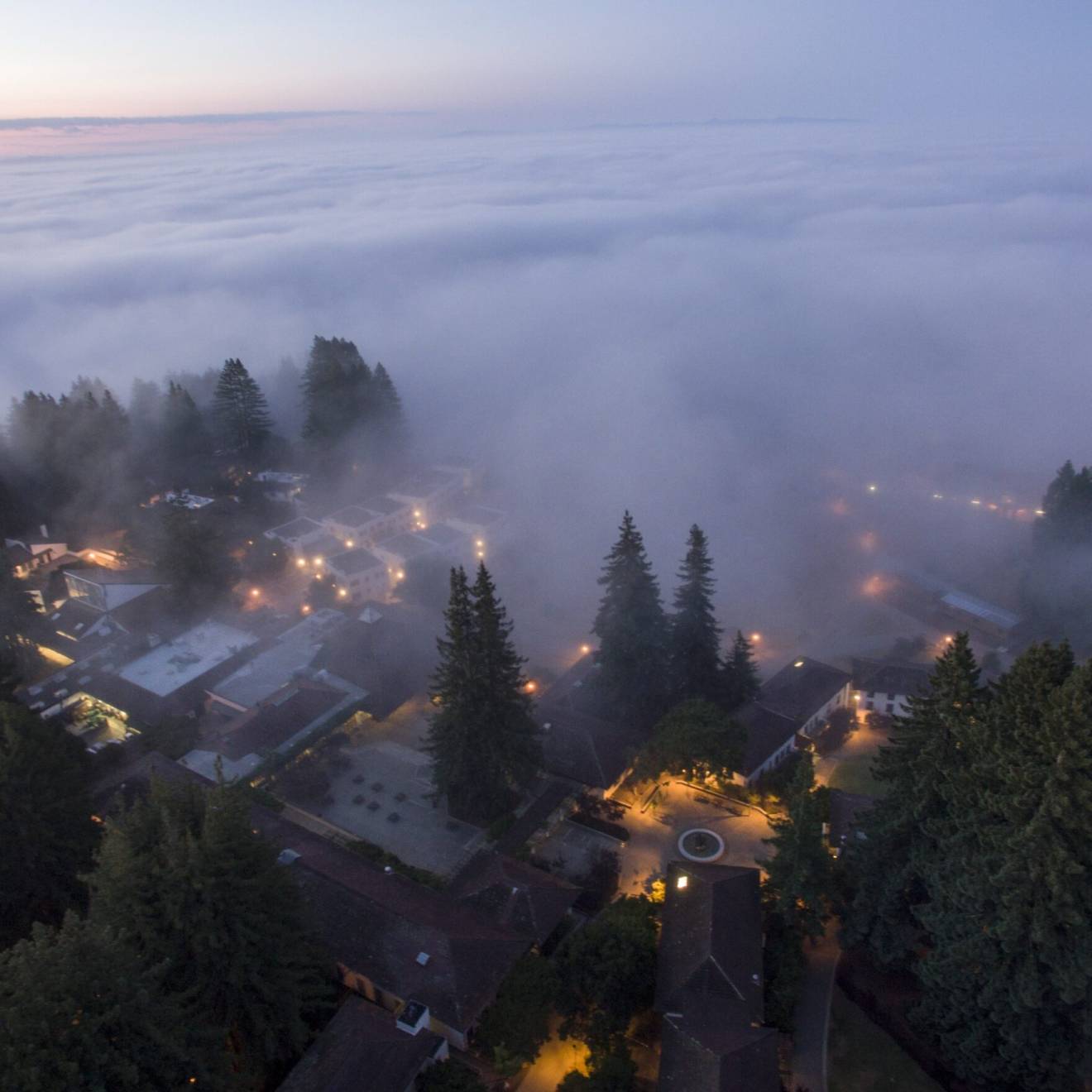 Pacific coastal fog A view from above of heavy fog rolling from a reddish sky over a twilit UC Santa Cruz campus