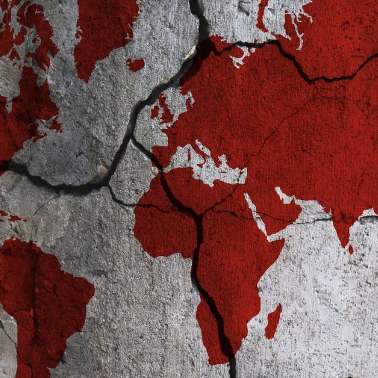 Illustration of a world map. Continents are red, oceans are white, and the map is crossed with dark fault lines, lending a doomy effect