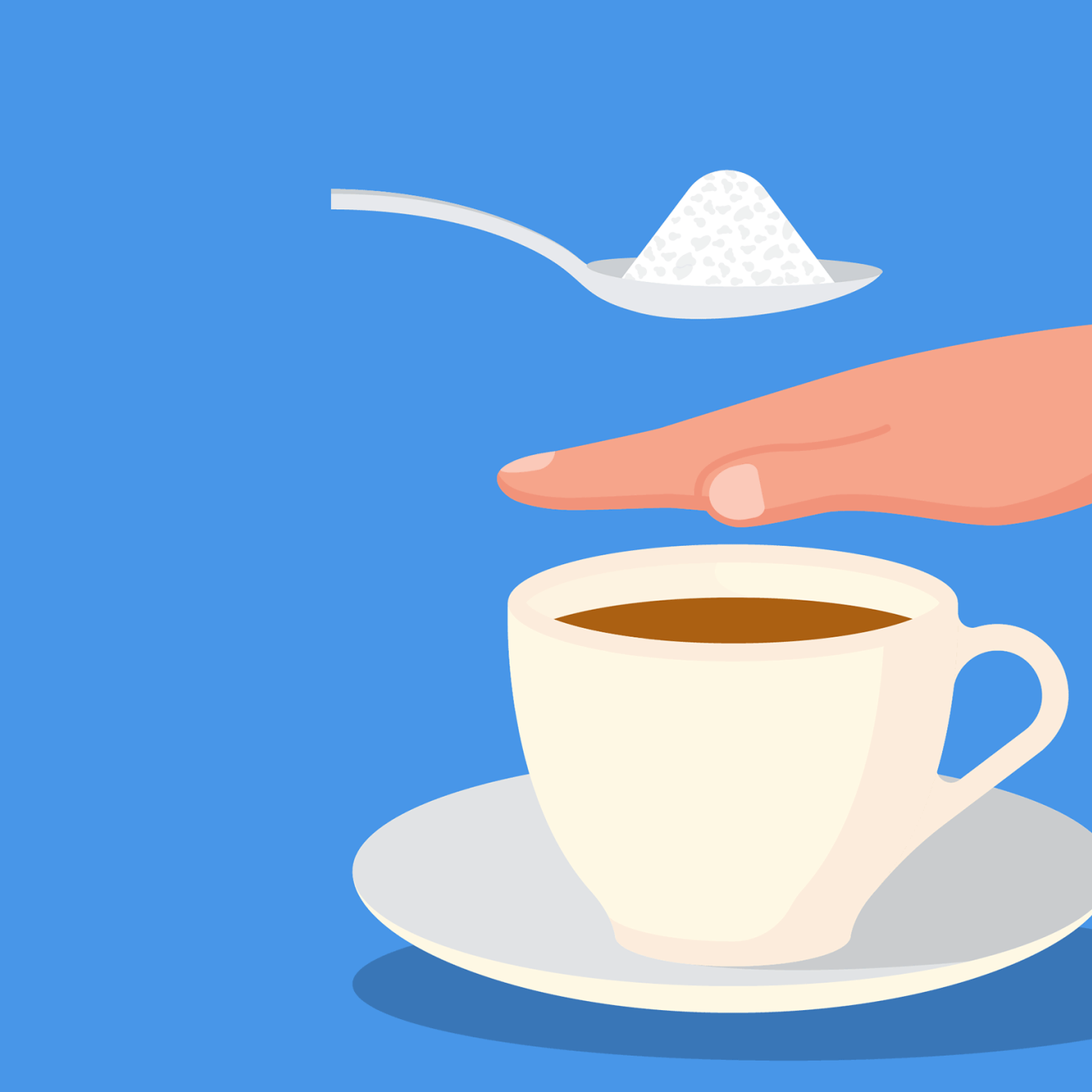 Graphic illustration of a hand blocking a spoonful of sugar from a cup of coffee.