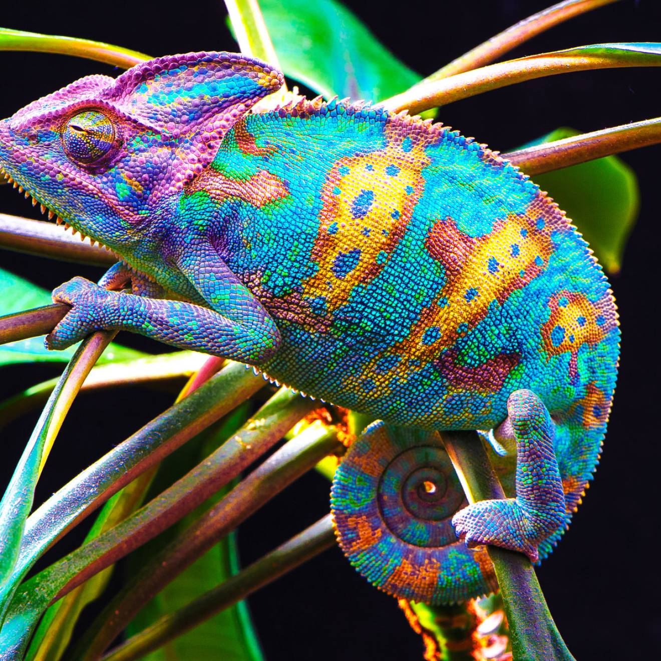 A bright and multicolored chameleon perched amid plant leaves