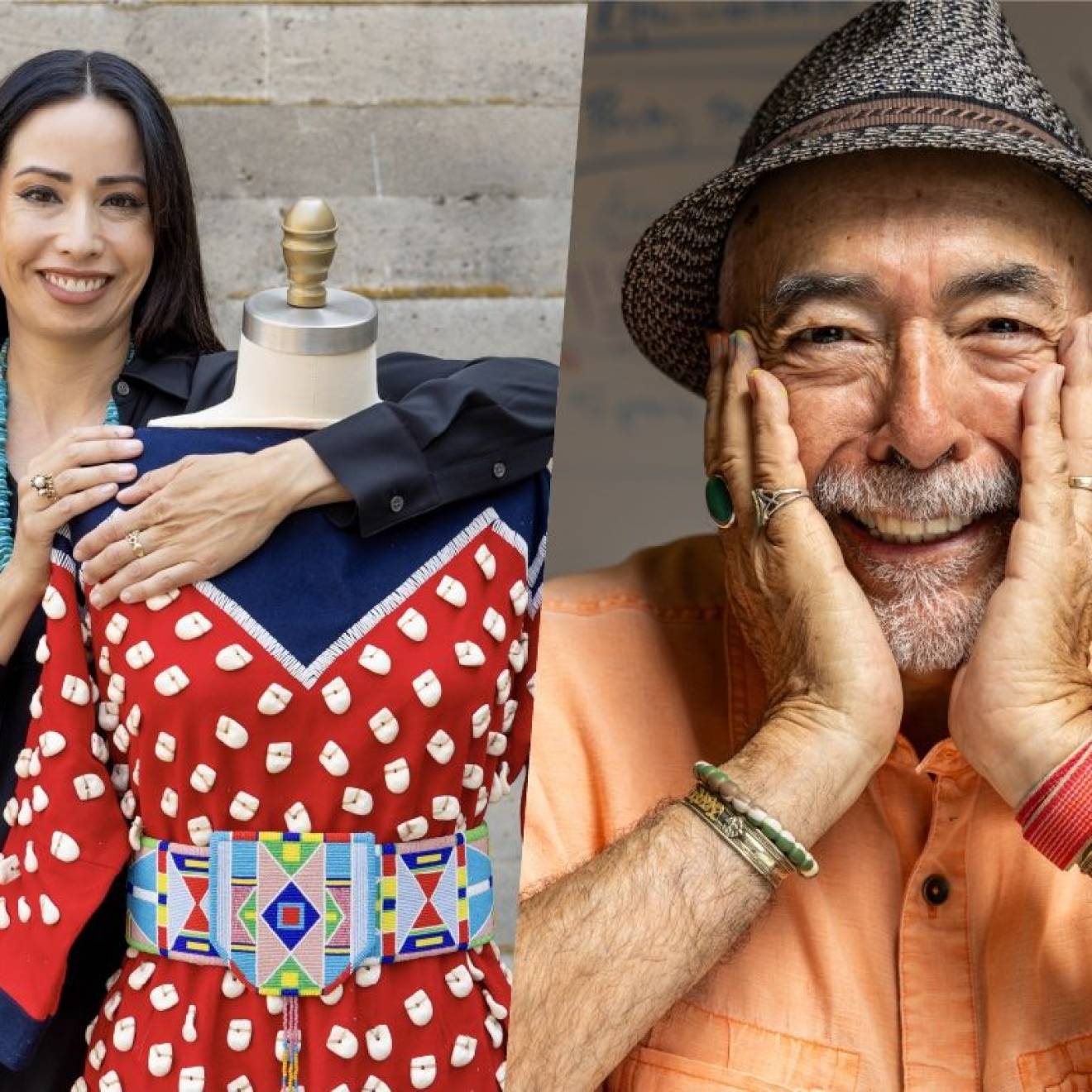 On the left, Wendy Red Star, Native American woman with long dark hair smiles with arms around a headless mannequin wearing a bright red traditional dress with white spot-like pattern and a colorful wide belt; on the right, Juan Felipe Herrera, older Latino man with goatee and hat, hands on his cheeks, smiling wide