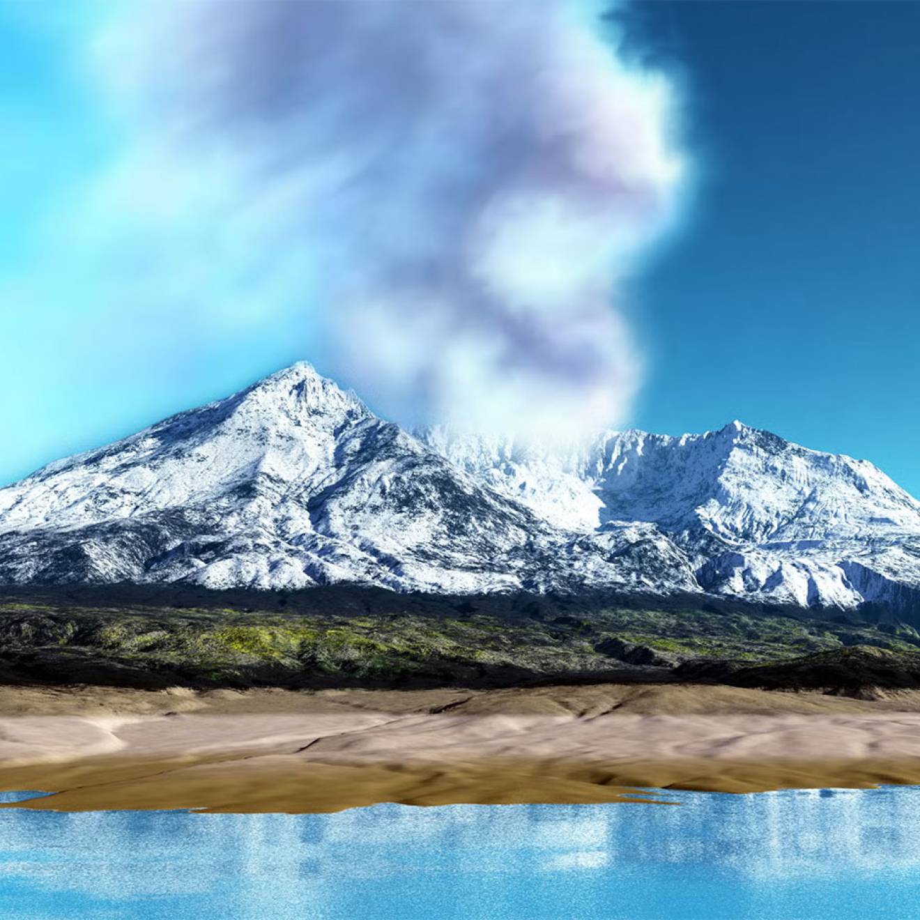 Volcanic smoke spills from the summit of a snow-covered Mt. St. Helens, seen from the far short of a lake on which the mountain is reflected