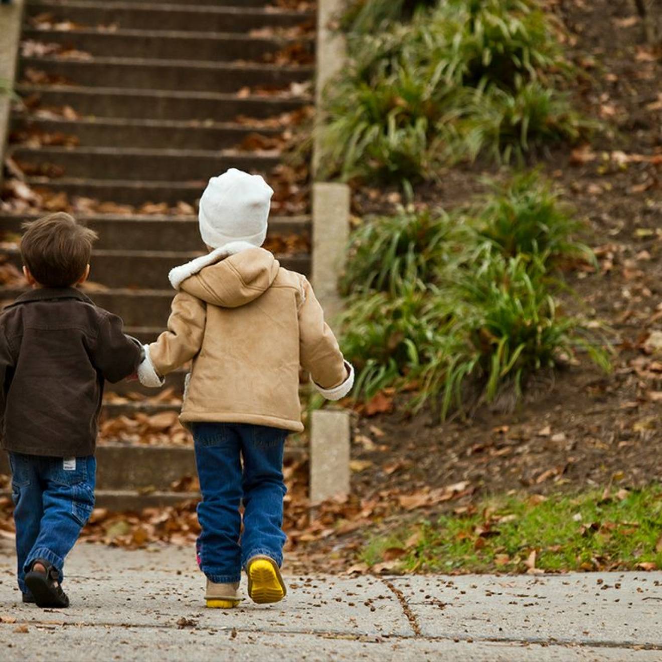 Children's health Two young children in winter clothes hold hands as they approach a park stairway, photographed from behind