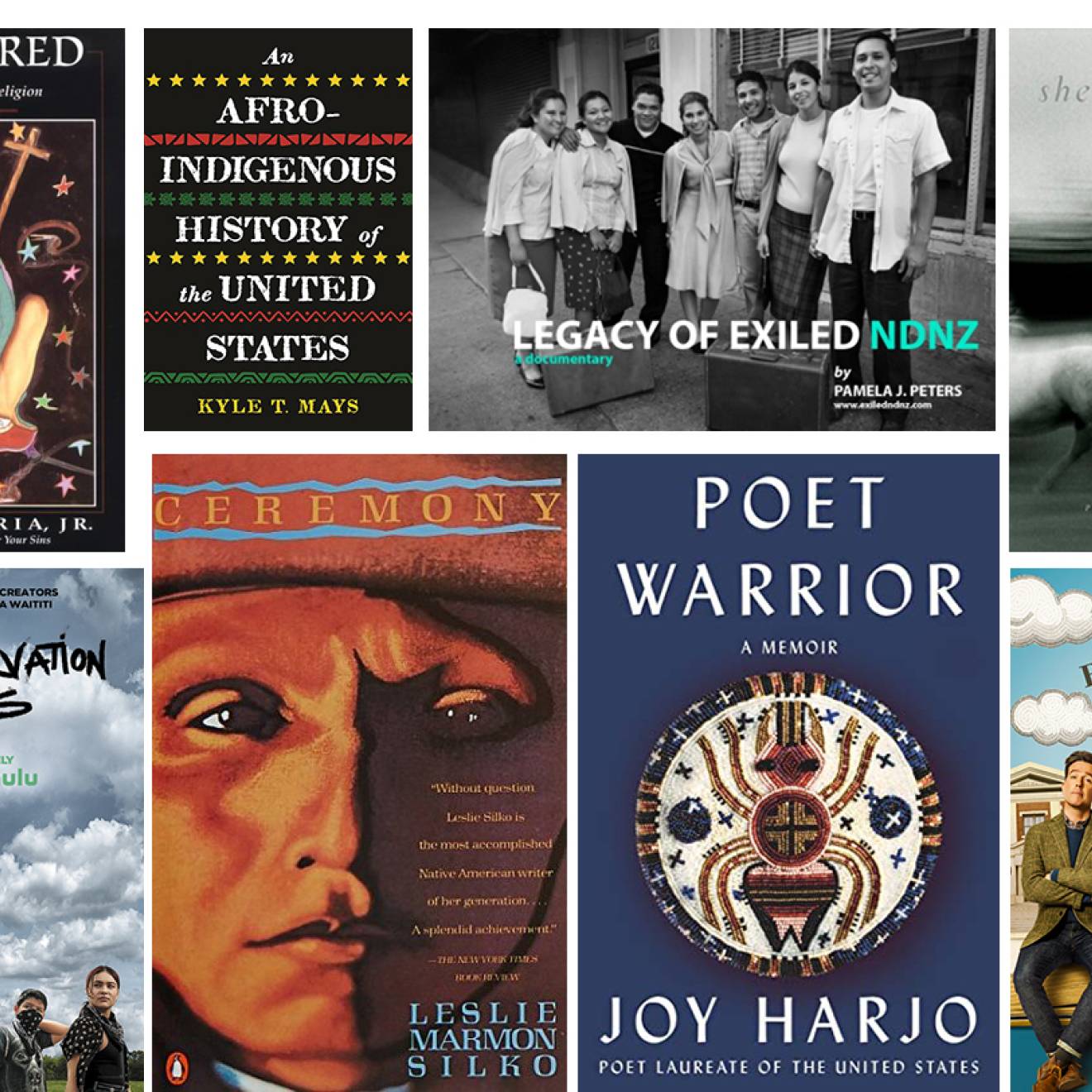 Collage of books, movies, CDs that feature Native American artists
