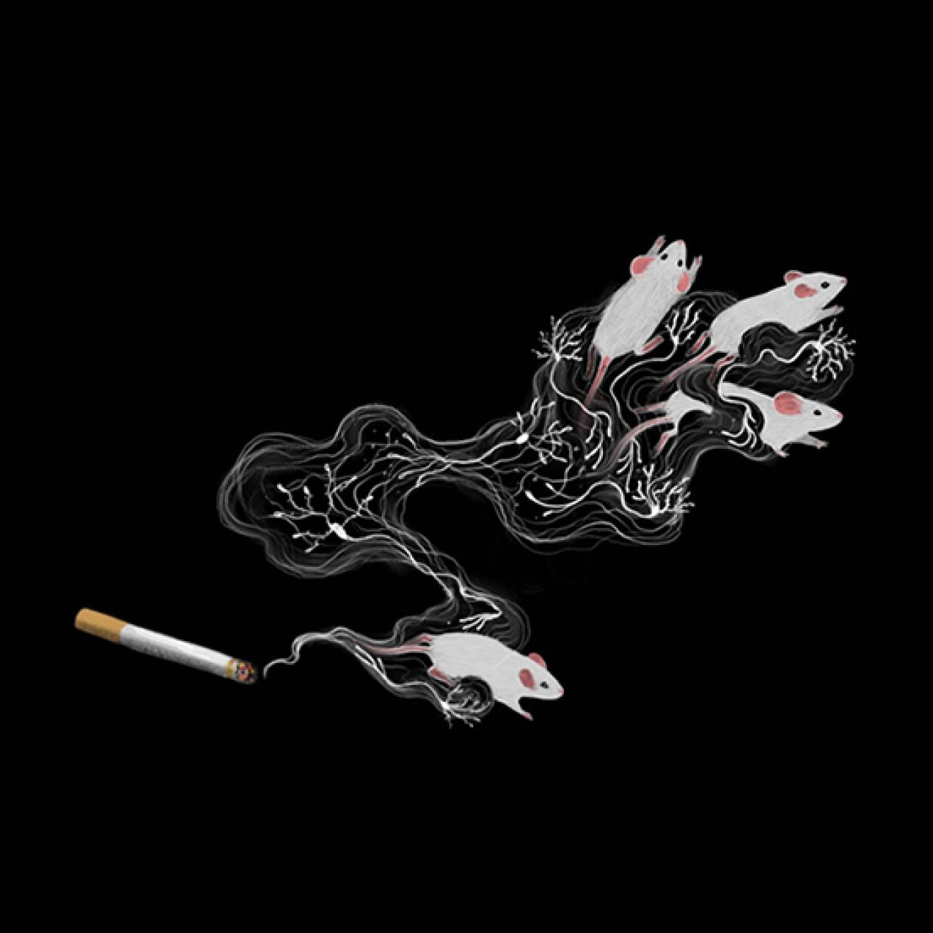 Drawing of mice moving away from a lit cigarette, wrapped in smoke