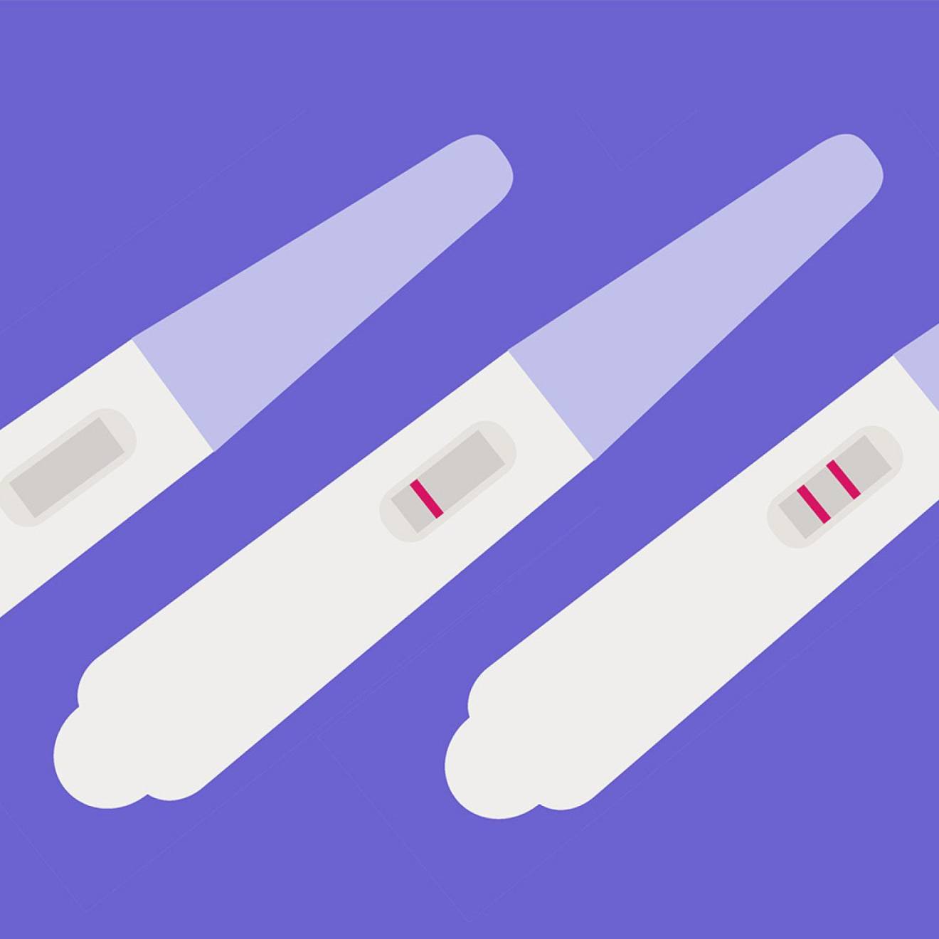 Illustration of three pregnancy tests on a lilac background