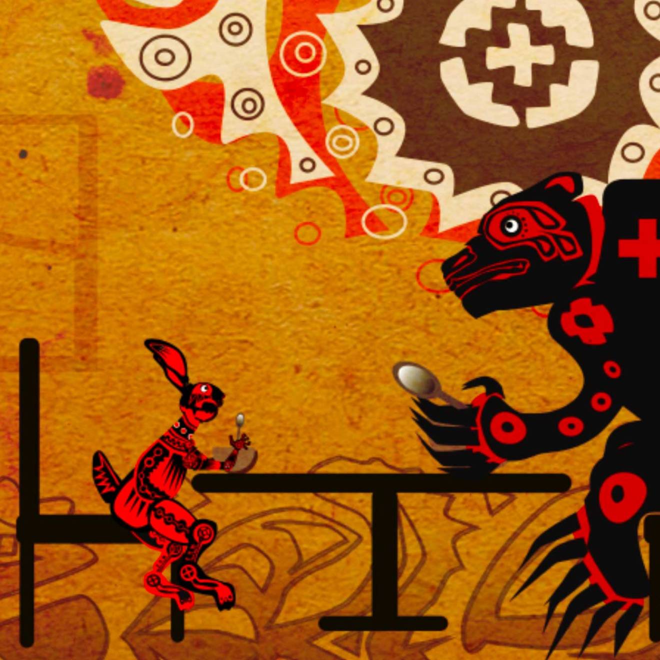 Making the Cherokee language digitally accessible A digital illustration of a rabbit and a bear sitting at a table with Indigenous visual art patterns on their bodies