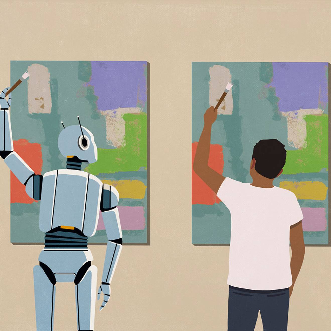 An illustration of a humanoid robot and a person, each painting an identical canvas on a wall. The robot is looking over at the human's work, seeming to copy it.