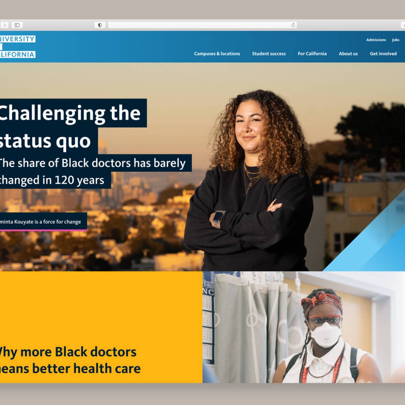 Screenshot of the redesigned University of California website featuring a young Black medical student