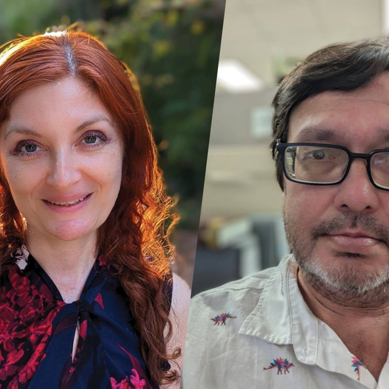 A pale woman with red hair, Smadar Naoz, and a white man with glasses and a goatee, Doug Johnson