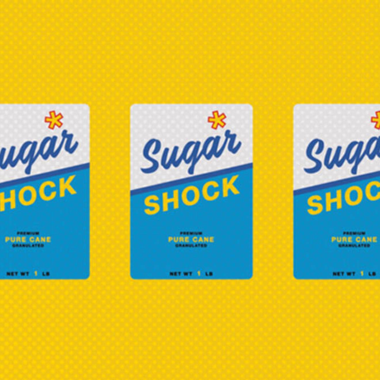 Sugar boxes that say shock in a row