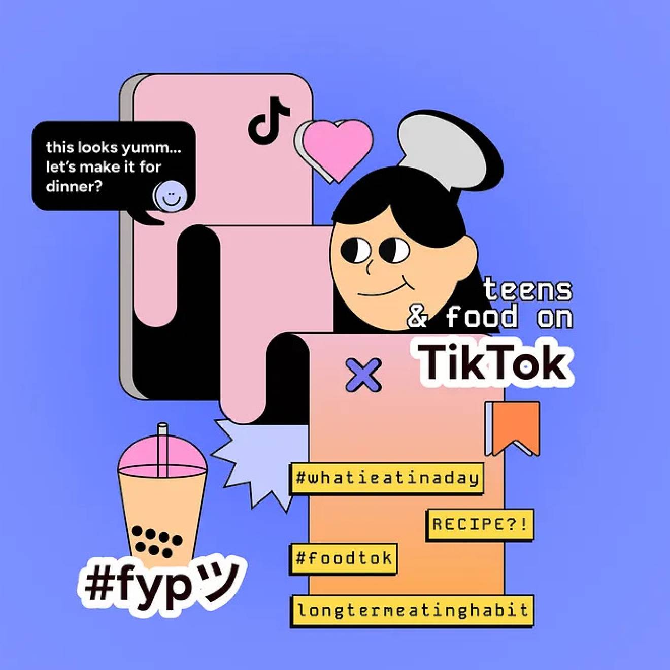 FoodTok An abstract cartoon of a young woman interacting with her phone and Foodtok with hashtags and boba tea around her